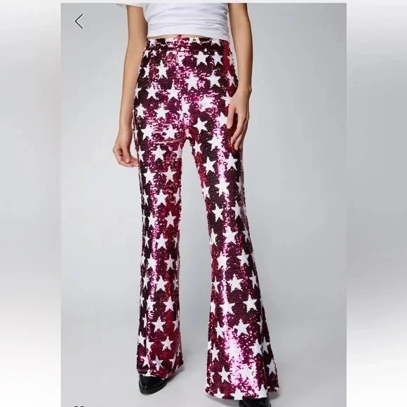 Nasty Gal Pink and White Star Sequin Flare Pants - Picture 1 of 6